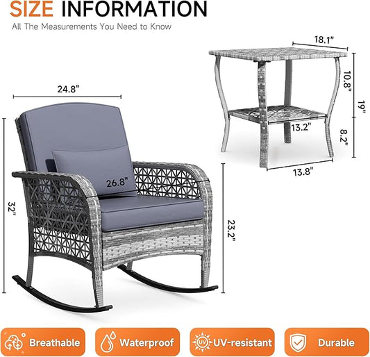 DECMICO 3-Piece Rattan Rocking Chair Set, PE Patio Bistro Furniture with Cushions & Coffee Table for Garden Backyard Porch, Dark Grey