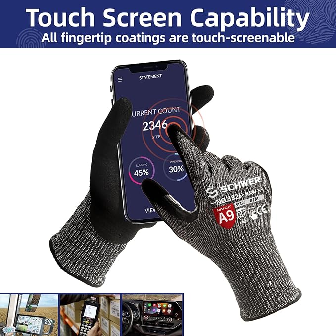 Schwer ProGuard High Level Cut Resistant Work Gloves PR3326 for Extreme Protection，ANSI A9 Cut Gloves with Reinforced Thumb, Non Slip, Durable, Touch-screen, Black 2 Pairs（M）