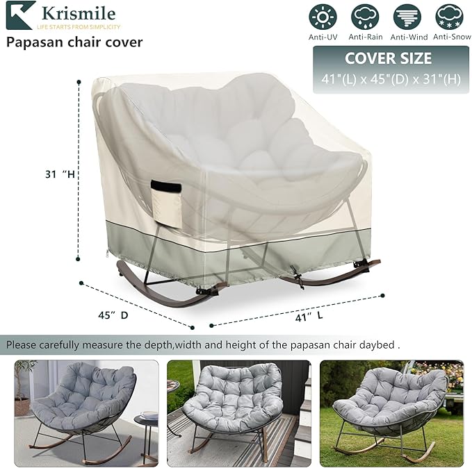 Outdoor Rocking Chair, Indoor Heavy Duty Waterproof Papasan Rocking Chair Cover with Split Zipper,Easy to use,White&Grayish Green