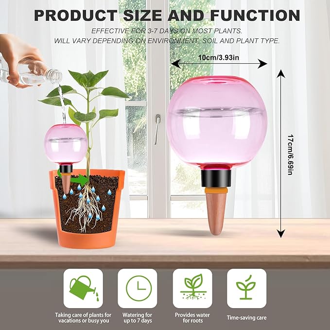 6 Pack Self Watering Globes 17oz Large Plant Watering Globes Top Fill, Self Water Planter Insert Indoor/Outdoor Plastic Water Bulbs Slow Release Terracotta for Plants, Pink