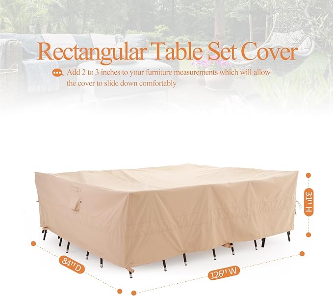 WJ-X3 Large Rectangular Outdoor Table Cover Waterproof, Heavy Duty Patio Furniture Set Cover UV-Resistant, Lawn Sectional Set Cover, High Wind Resistant, Anti-fading 126Wx 84Dx 31HInches, Beige