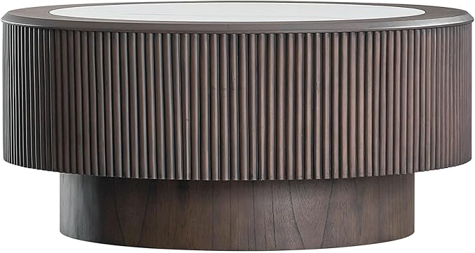kevinplus ø35.43'' Round Faux Marble Coffee Table for Living Room, Modern Drum Circle Embossment Fluted Pedestal Wooden Coffee Table, No Assembly, Dark Brown