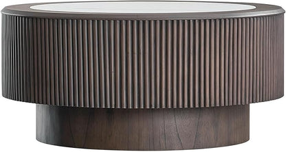 kevinplus ø35.43'' Round Faux Marble Coffee Table for Living Room, Modern Drum Circle Embossment Fluted Pedestal Wooden Coffee Table, No Assembly, Dark Brown
