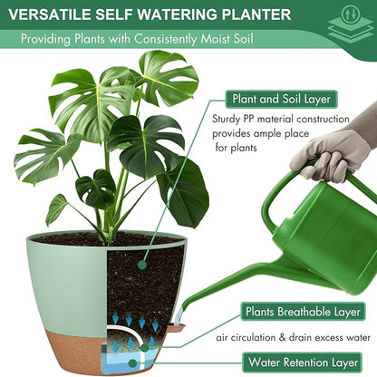 montresor 12/10/8 Inch Self Watering Pots for Indoor Plants Plastic Large Pot for Outdoor Plants, Water Level Window & Spacious Reservoir Flower Pots Decorative Planter with Drainage and Tray