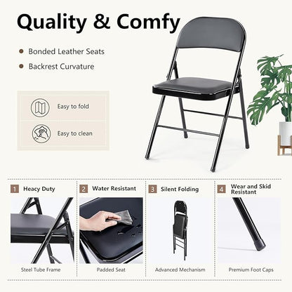 DUMOS 4 Pack Leather Padded Folding Chair, Portable & Stackable Foldable Chairs Sets with Steel Frame, for Indoor Outdoor Events, Home, Office, Party, Black