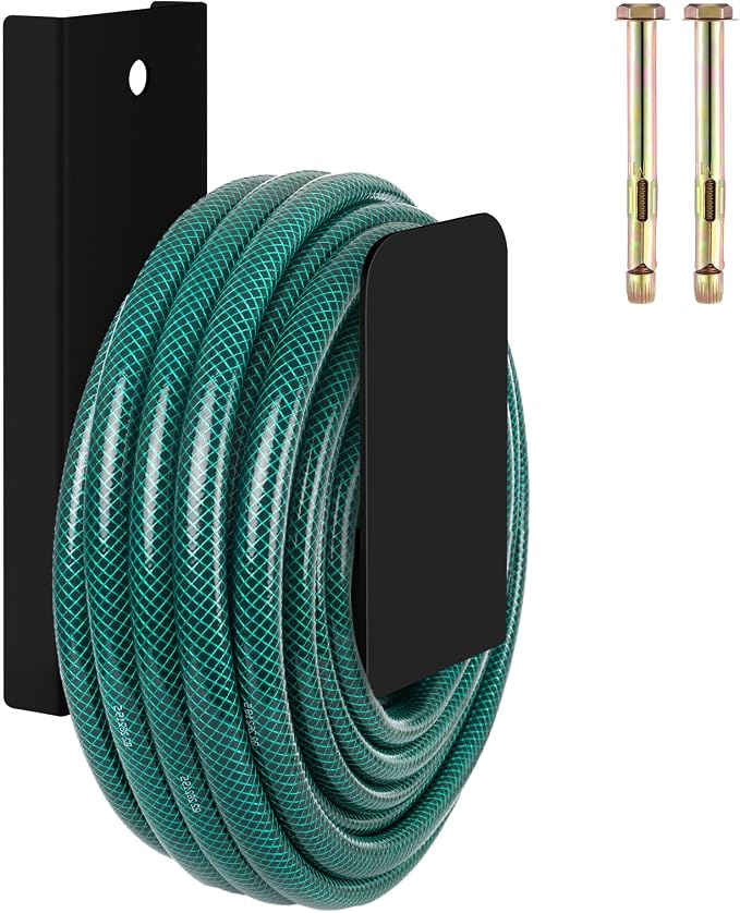 CroBlissful Garden Hose Holder Wall Mount Garden Water Hose Hanger Metal Line Hanger Holds Over 100' Heavy Duty Bracket for Outside Expandable Extension Cords Ropes Holder (Black)