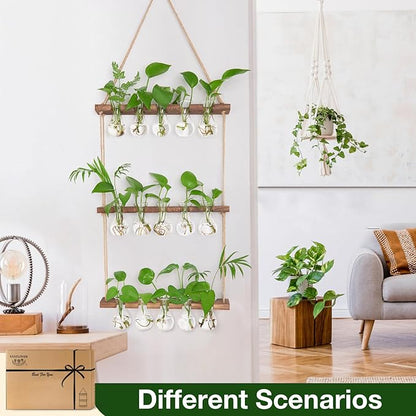 XXXFLOWER Wall Hanging Propagation Station with Wooden Stand 5 Bulb Vase 3 Tiers Planters Wall Terrarium for Home Office Plant Hanger Flower Vases Wall Decor(Brown)