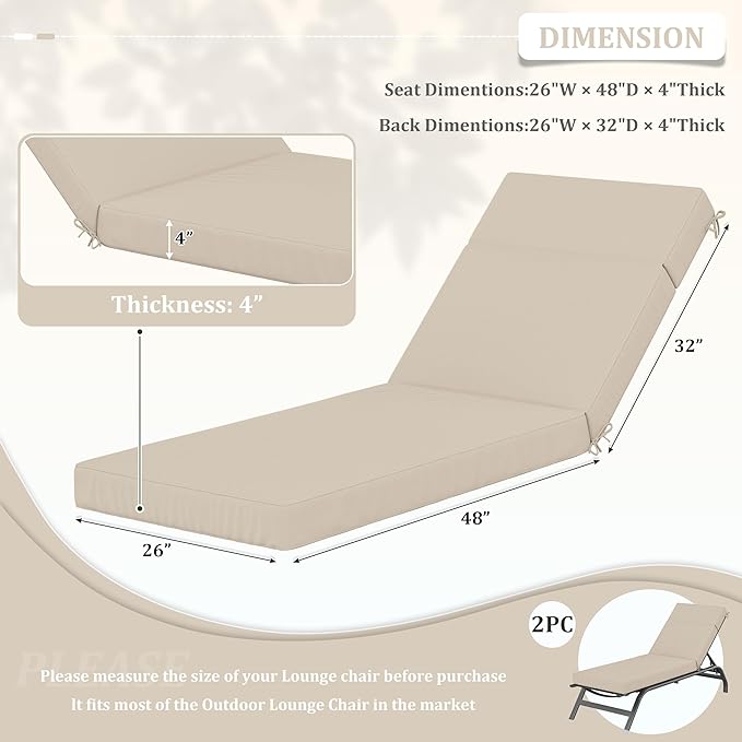 2 Pcs Chaise Lounge Cushions Outdoor, 80" L X 26" W X 4" D Lounge Chair Cushions for Outdoor Furniture, High-Density Foam Patio Chaise Cushion-Waterproof Fade-Resistant ThickPatio lounge chair cushion