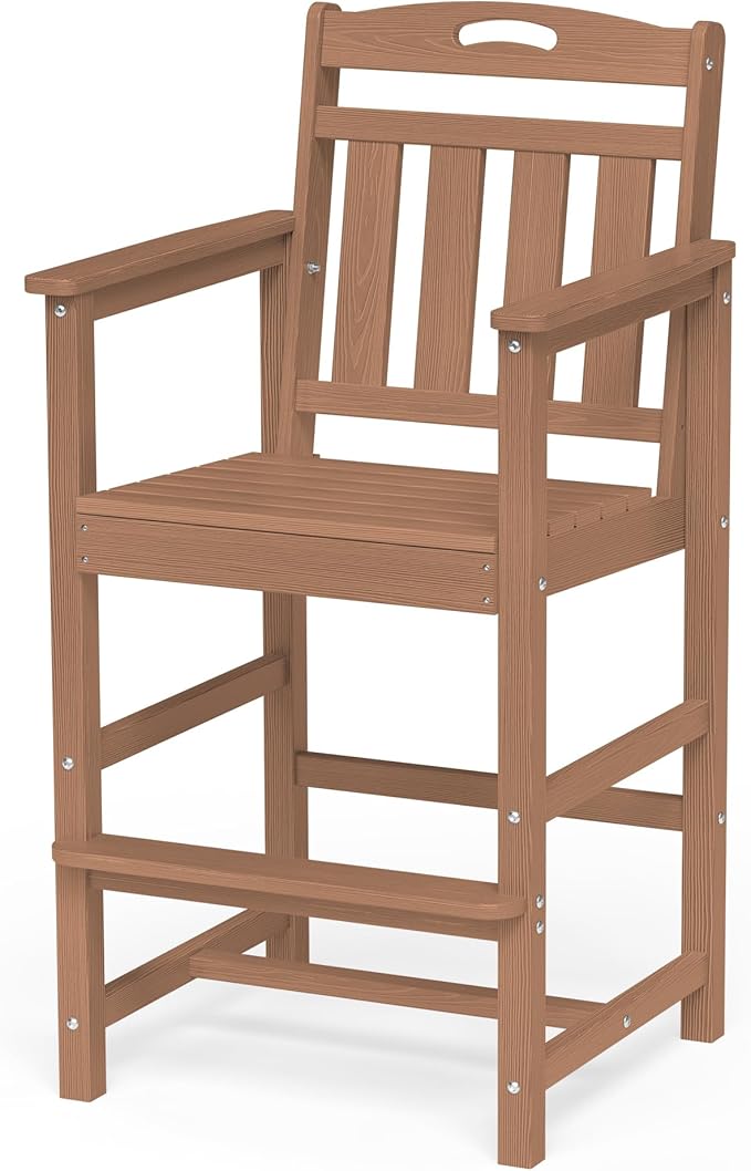 Ciokea Oversized Tall Bar Chair, HDPE Adirondack Outdoor Bar Chair with Footrest, All-Weather Barstool with High Back for Balcony, Bistro, Porch, Deck, Pool, Backyard, Teak