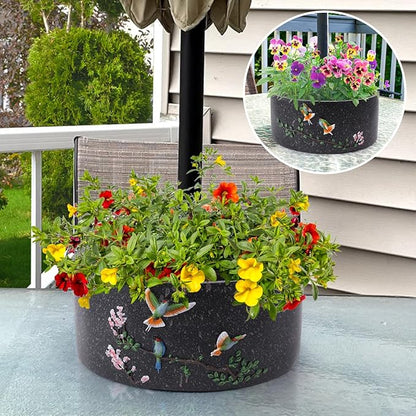 Patio Umbrella Planter 2 pcs Wrap Around Umbrella Planter with Umbrella Hole Half Round Flower Pot Black Outdoors with Drainage Holes（11.41 * 11.41 * 4.72inch） On Patio Table