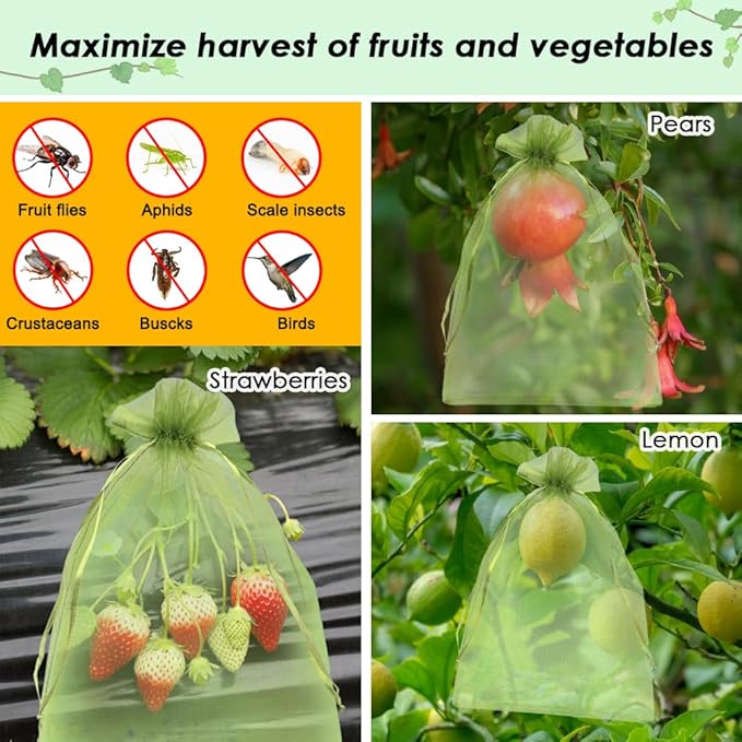 Shintop 100PCS Fruit Protection Bags, 7x10 Inch Green Mesh Fruit Tree Bags Drawstring Garden Netting Cover Pest Barrier for Apples, Mango, Tomatoes