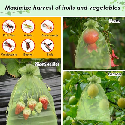 Shintop 100PCS Fruit Protection Bags, 7x10 Inch Green Mesh Fruit Tree Bags Drawstring Garden Netting Cover Pest Barrier for Apples, Mango, Tomatoes