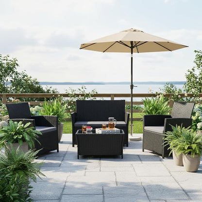 FHFO 4 Piece Outdoor Patio Furniture Sets, Outside Furniture Outdoor Sectional Wicker Conversation Sofa Set, Rattan Couch Set for Balcony Porch Backyard (Black-Grey)