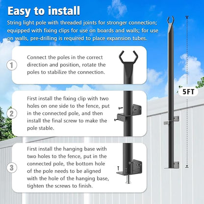 4 Pack 5Ft String Light Poles,Light Poles for Outside String Lights,Outdoor Light Poles with Fork,Metal Pole Stand for Patio,Backyard,Deck