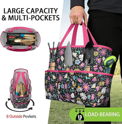 Floral Garden Tool Bag - Waterproof Garden Tote with 8 Pockets, Large Storage Home Organizer Gardening Tool Oxford Bag for Garden Tools Kits Holder, Ideal Outdoor Gardening Gift for Women & Men