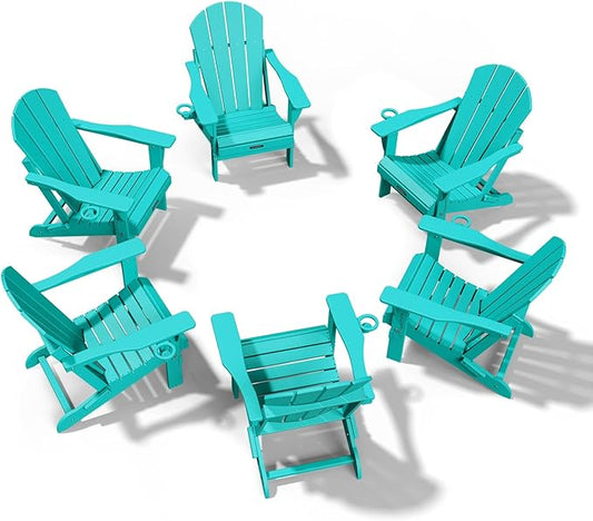 MUCHENGHY Folding Adirondack Chairs 6 Pack, Patio Chairs, Outdoor Chairs, Adirondack Chair Plastic, Fire Pit Chairs, Weather Resistant with Cup Holder for Deck, Backyard, Garden(Lake Blue)