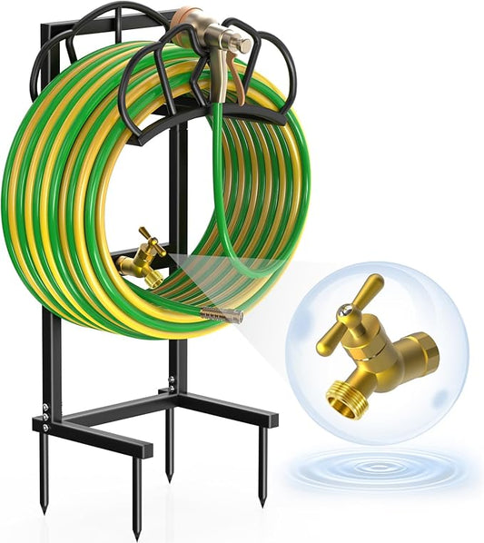 Qatsrin Garden Hose Holder with Faucet, Super Stable Water Hose Holder Stand Holds 160-Feet Hoses, Freestanding Detachable Hose Storage Hanger Reels Rack for Yard Lawn Farm