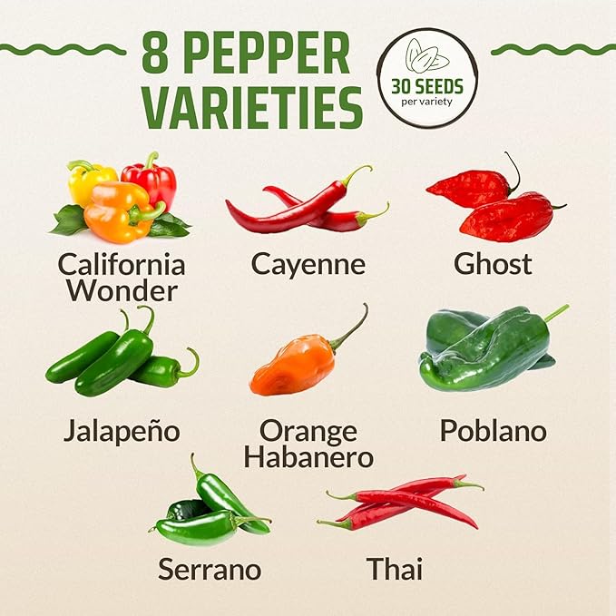 Rooted Acre 8 Varieties Hot Peppers – 240 Heirloom Seeds, High Germination – Includes Ghost Jalapeño, Serrano, California Wonder & More – Spicy Pepper Garden Mix