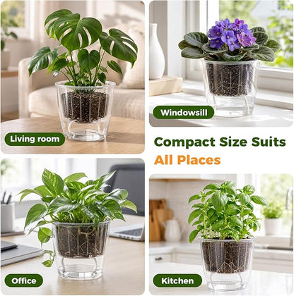 Clear Self Watering Pots for Indoor Plants, 6-Pack 6.7'' Clear Plant Pots with Drainage, Self Watering Planter, African Violet Pot, Semi Hydroponic Pot for Orchids, Flowers, Herbs