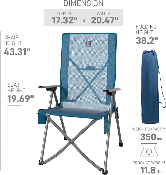 EVER ADVANCED Reclining Camping Chairs for Adult Lightweight, Portable Compact Folding Chair with High Back, 4-Level Recliner Chairs, Lawn Chair for Patio Balcony, Supports 350lbs, Stretch Mesh Blue