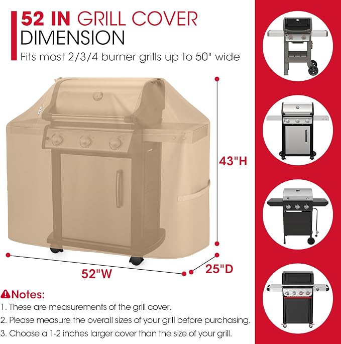 Unicook 52 Inch Grill Cover for Outdoor Grill, Heavy Duty Waterproof BBQ Cover Compatible with Char-Broil Nexgrill and Weber Spirit 2-3 Burner Gas Grills, All Weather Protection, Light Brown