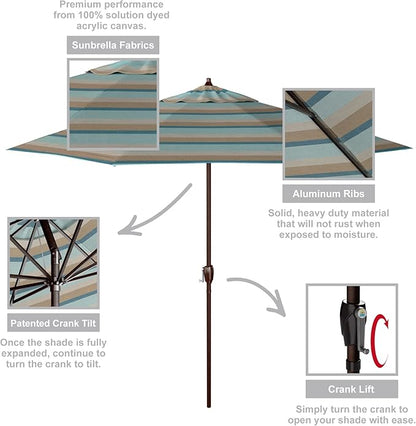 California Umbrella 9' Round Sunbrella Aluminum Outdoor Deck, Pool or Patio Umbrella, Crank Lift, Auto Tilt, Bronze Pole, Gateway Mist