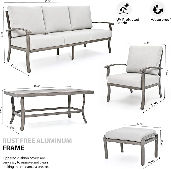 HAPPATIO 6 Piece Aluminum Patio Furniture Set, 3-Seat Outdoor Couch with Ottomans and Armchairs, All-Weather Outdoor Sectional Sofa with Comfortable Cushions and Coffee Table(Gray)