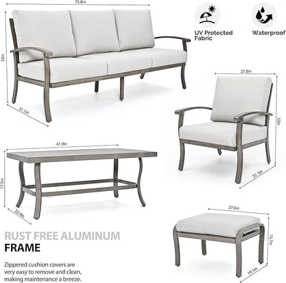 HAPPATIO 6 Piece Aluminum Patio Furniture Set, 3-Seat Outdoor Couch with Ottomans and Armchairs, All-Weather Outdoor Sectional Sofa with Comfortable Cushions and Coffee Table(Gray)