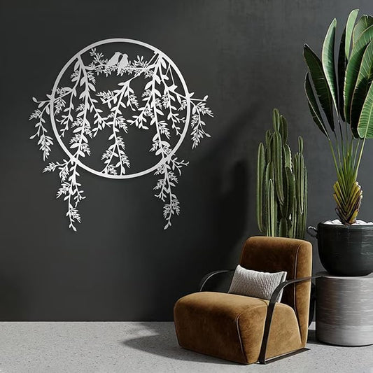 Birds on Branch Metal Wall Decor, Metal Tree Leaf Wall Art, Olive Branch Artwork, Birds Wall Decor, Olive Wall Art, Bird Decorations for The Home, Farmhouse, Living Room (Silver, 24"x23" | 60x58cm)