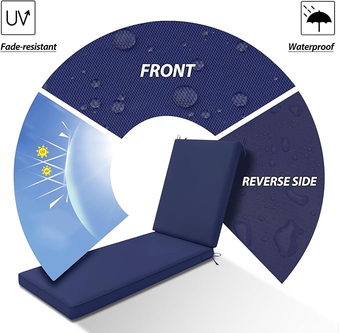 AAAAAcessories Outdoor Chaise Lounge Cushions, Waterproof, Fade-Resistant Patio Furniture Replacement Cushions, 74" x 23" x 3", Midnight Blue