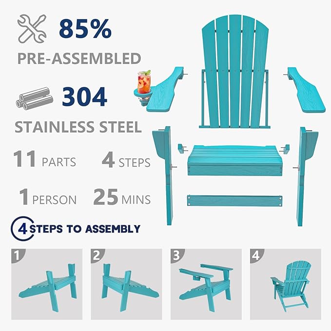 Plawdlik Folding Adirondack Chair, SGS Tested, Wooden Textured with Cup Holder, Heavy All-Weather HDPE Comfortable Set Poolside Backyard Lawn Aruba Blue Set 4