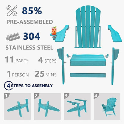 Plawdlik Folding Adirondack Chair, SGS Tested, Wooden Textured with Cup Holder, Heavy All-Weather HDPE Comfortable Set Poolside Backyard Lawn Aruba Blue