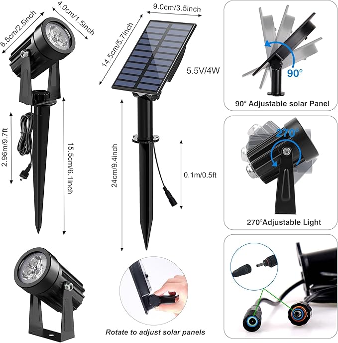 Blue Solar Spot Lights Outdoor,2 Pack Solar Landscape Spotlights IP65 Waterproof 9.8ft Cable, Auto On/Off Outdoor Wall Lights for Garden Yard Driveway Porch Walkway Pool (1-in-1)