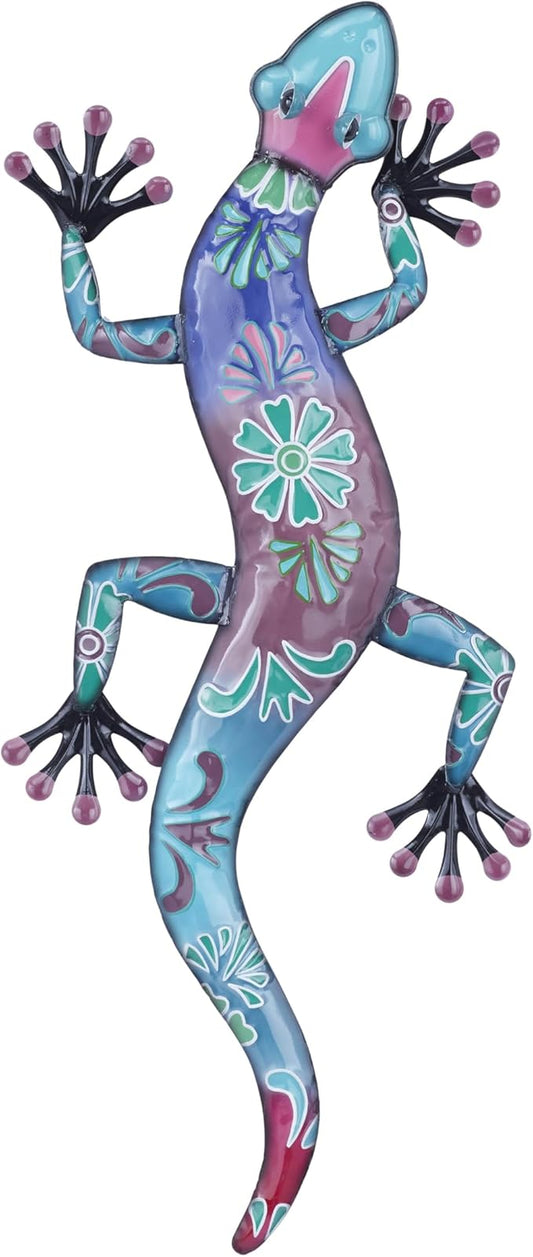 Deco 79 Metal Lizard Indoor Outdoor Floral Patterned Wall Decor with Purple and Teal Accents, 18" x 3" x 33", Blue