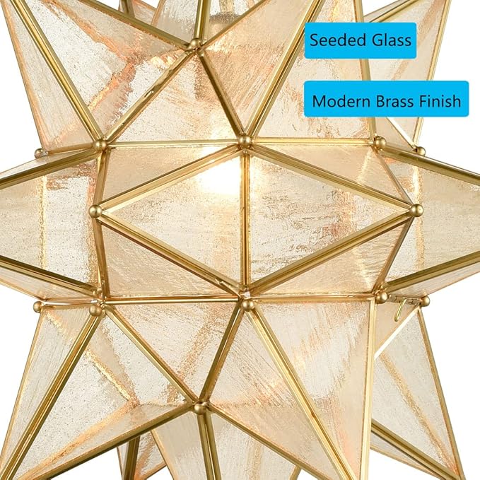 DIRYZON Moravian Star Pendant Light 20-Inch Large Hanging Ceiling Light Modern Gold Finish with Seeded Glass Adjustable Chain