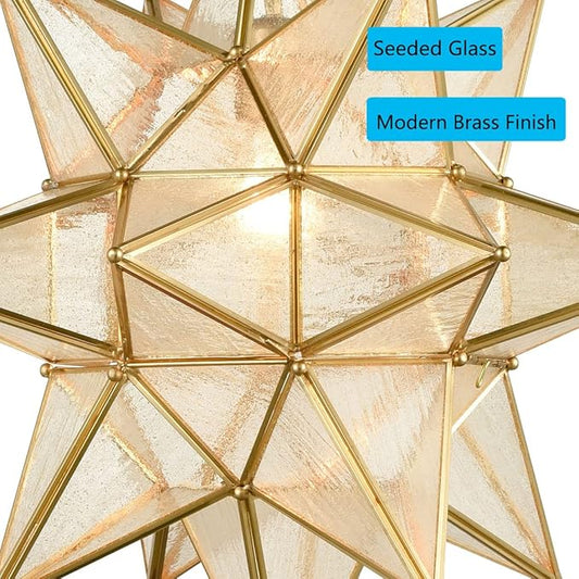 DIRYZON Moravian Star Pendant Light 20-Inch Large Hanging Ceiling Light Modern Gold Finish with Seeded Glass Adjustable Chain