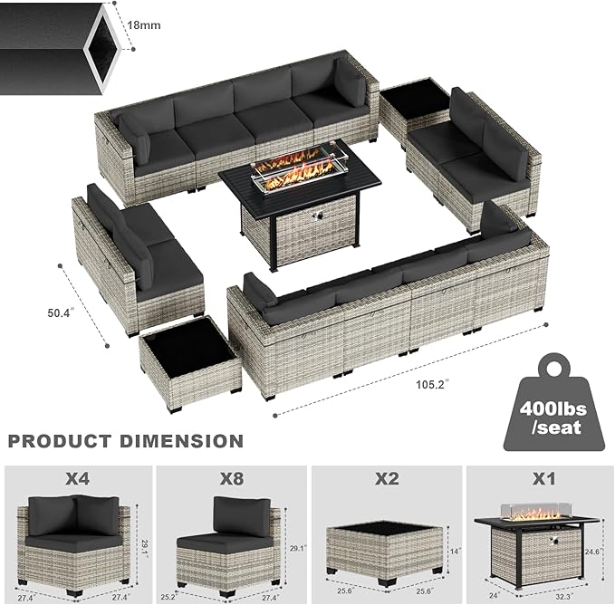 15-Piece Patio Furniture Set, Outdoor Patio Furniture with 55,000 BTU Fire Pit Table, Thick Cushions, Modular Patio Sofa, Dual-Strand Wicker Rattan, Rust-Resistant Frame, Black