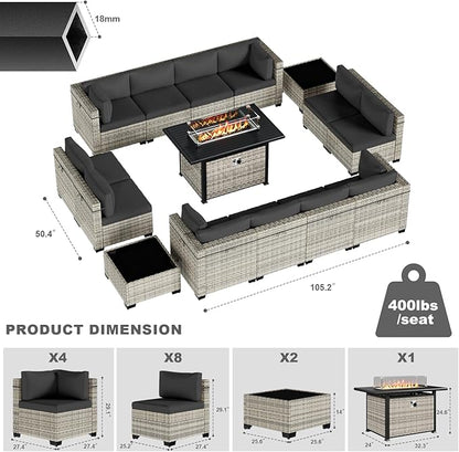 15-Piece Patio Furniture Set, Outdoor Patio Furniture with 55,000 BTU Fire Pit Table, Thick Cushions, Modular Patio Sofa, Dual-Strand Wicker Rattan, Rust-Resistant Frame, Black