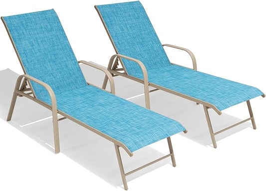 Crestlive Products Chaise Lounge Chair Outdoor with Armrests, Pool Lounge Chairs Set of 2, Aluminum Adjustable 5 Positions Sun Tanning Lounger for Patio, Poolside, Yard, Deck, Backyard (Blue)