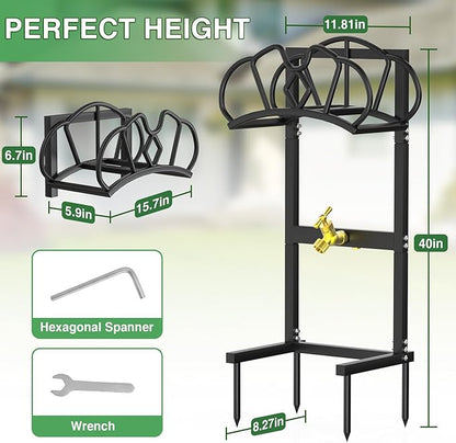 Qatsrin Garden Hose Holder with Faucet, Super Stable Water Hose Holder Stand Holds 160-Feet Hoses, Freestanding Detachable Hose Storage Hanger Reels Rack for Yard Lawn Farm