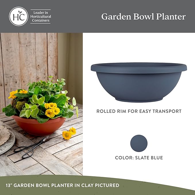 The HC Companies 15.5 Inch Shallow Garden Bowl Plant Pot with Drainage, Lightweight UV-Resistant Plastic Planters for Succulents & More, 2-Pack Planters for Indoor Outdoor Home Decor, Slate Blue