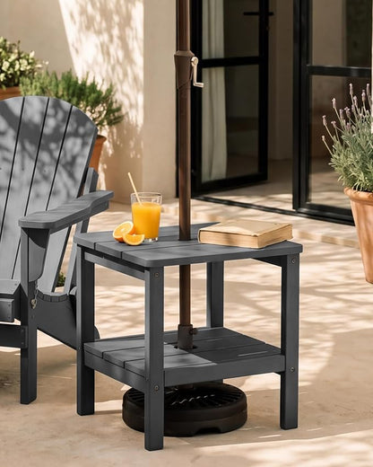 SERWALL Double Layer Adirondack Side Table with Umbrella Hole, HIPS Outdoor Side Table Rectangular End Tables for Patio, Poolside, Garden, Gray