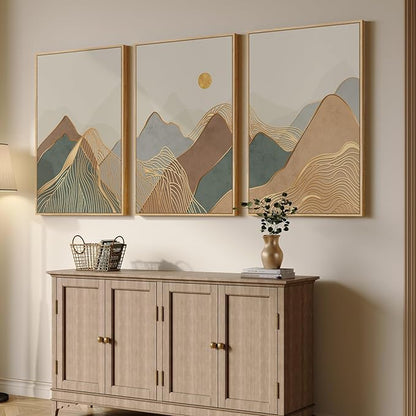 Framed Boho Mountain Wall Art for Living Room, 3 Piece Modern Nature Landscape Canvas Artwork for Walls, Large Sunset Minimalist Abstract Prints Wall Decor for Bedroom Hallway Home Office, 24x36 Inch