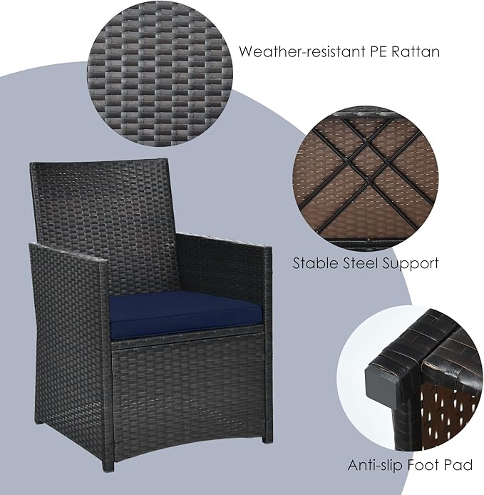 HAPPYGRILL 3 Pieces Outdoor Wicker Bistro Set PE Rattan Dining Table Set with Cushioned Chairs, Patio Conversation Set for Backyard Porch Garden and Poolside