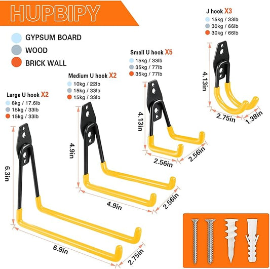 HUPBIPY 12 Pack Garage Hooks Heavy Duty Utility Steel with Anti-Slip Coating Wall Mount Storage Organizer for Hanging Power and Garden Tools, Ladders, Hose, Bikes, Ropes, Bulk Items, and More