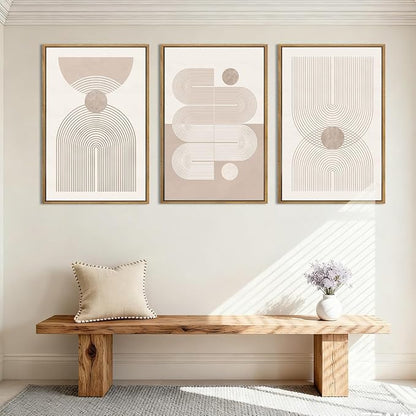 Anyzal Large Boho Framed Wall Art 16x24 Inch Beige Neutral Minimalist Canvas Pink Abstract Modern Geometric Artwork for Living Room Bedroom Dining room Set of 3