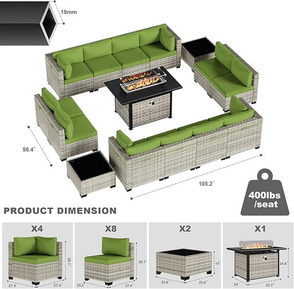 15-Piece Patio Furniture Set, Outdoor Patio Furniture with 55,000 BTU Fire Pit Table, Thick Cushions, Modular Patio Sofa, Dual-Strand Wicker Rattan, Rust-Resistant Frame, Grass Green