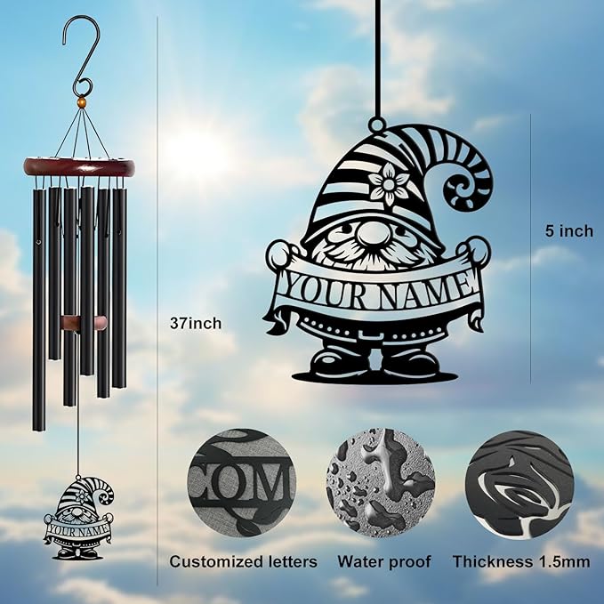 Personalized Customize Name Gnome Wind Chime, Metal Iron 37 Inch Outdoor Memorial Gift for Garden Yard Patio Home Decor, Black，Christmas (Style I)