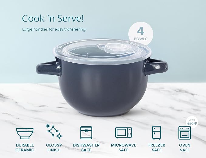 KooK French Onion Soup Bowls, Crocks, Oven Safe Bowls, Soup Mugs, Ceramic Bowls, Dishwasher, Microwave, Set of 4, 18 oz (Denim)