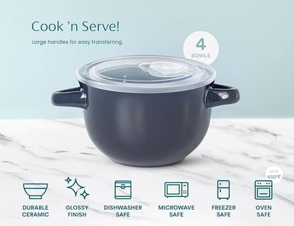 KooK French Onion Soup Bowls, Crocks, Oven Safe Bowls, Soup Mugs, Ceramic Bowls, Dishwasher, Microwave, Set of 4, 18 oz (Denim)